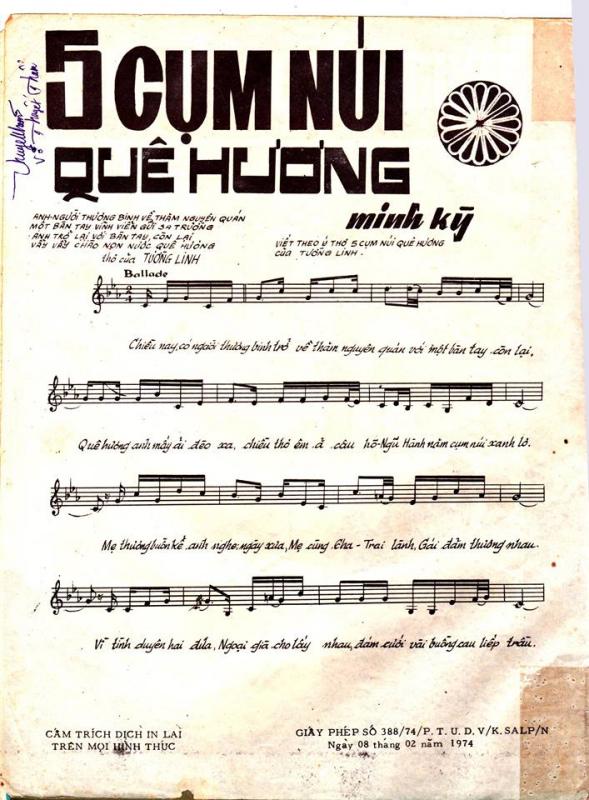 Sheet Năm cụm núi quê hương - thơ: Tường Linh, nhạc: Minh Kỳ